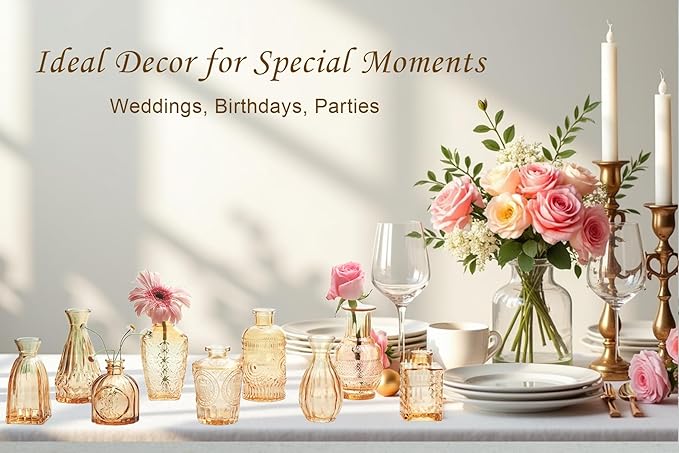 Bud Vases Set of 12,Glass Bud Vases in Bulk,Small Flower Vases for Centerpieces,Mini Vintage Vase for Wedding, Home Table Decor,Christmas,Party Decoration,Gold Amber