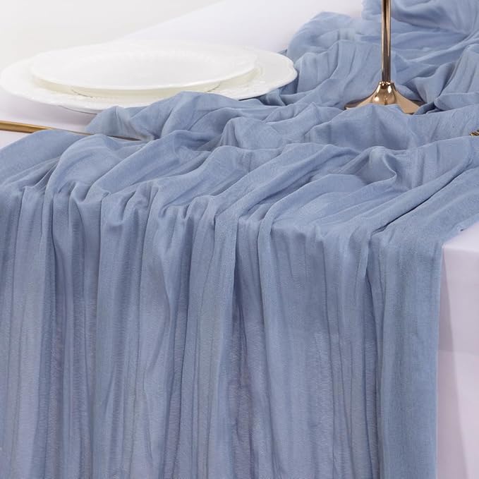 Socomi 10pcs Dusty Blue Fall Thanksgiving Cheesecloth Table Runner Boho Rustic Gauze 120 inch 10FT Cheese Cloth Runner for Wedding Party Baby Shower Birthday Home Decor Holiday Decorations
