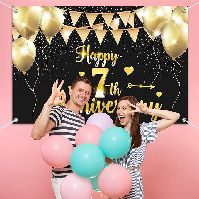 HAMIGAR 6x4ft Happy 7th Anniversary Banner Backdrop - 7 Wedding Anniversary Decorations Party Supplies - Black Gold