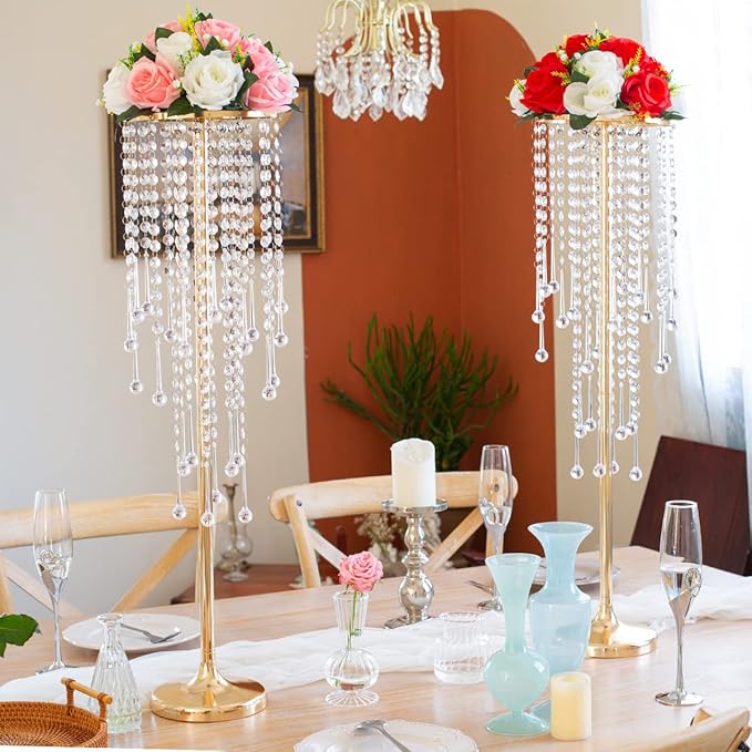 10 Pcs Tall Elegant Wedding Centerpiece Stand, Metal Flower Candle Holder with Chandelier Crystal, 29.5inch Gold Flower Vase,for Wedding Party Birthday Christmas Home Décor