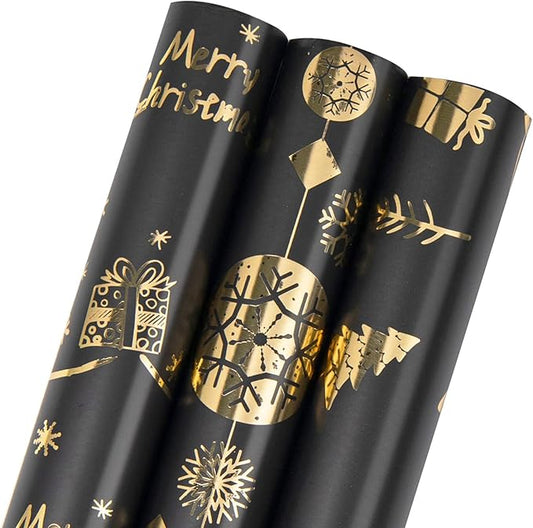 Linnoptimix Christmas Wrapping Paper Rolls -3 LARGE ROLL-27inch*78 inch per roll Colorful Foil Black wrapping paper(Christmas 3 Black/Gold（001）)