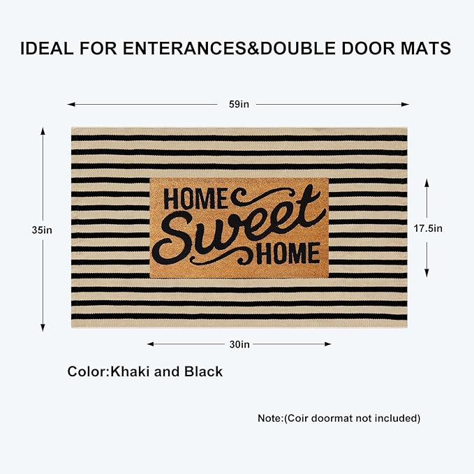 KIMODE Black and Khaki Striped Outdoor Rug 3'x 5', Washable Fall Patio Rugs, Cotton Woven Farmhouse Welcome Layered Door Mats for Front Door Entryway Thanksgiving Autumn Decorations