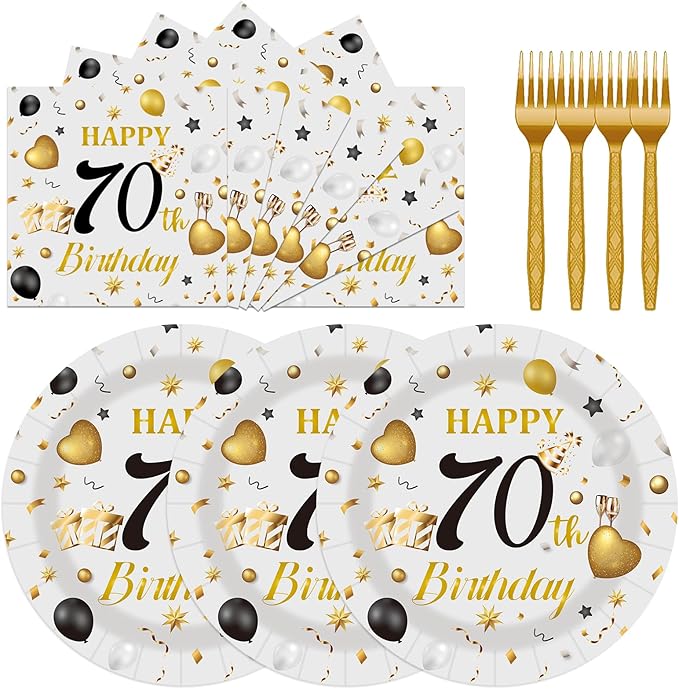 75PCS 70th Birthday Plates and Napkins Party Decorations, 7 Inch Premium Grey and Gold Happy Birthday Paper Plates and Napkins Disposable Tableware Set 70 Year Old Birthday's Party Decor for Women Men