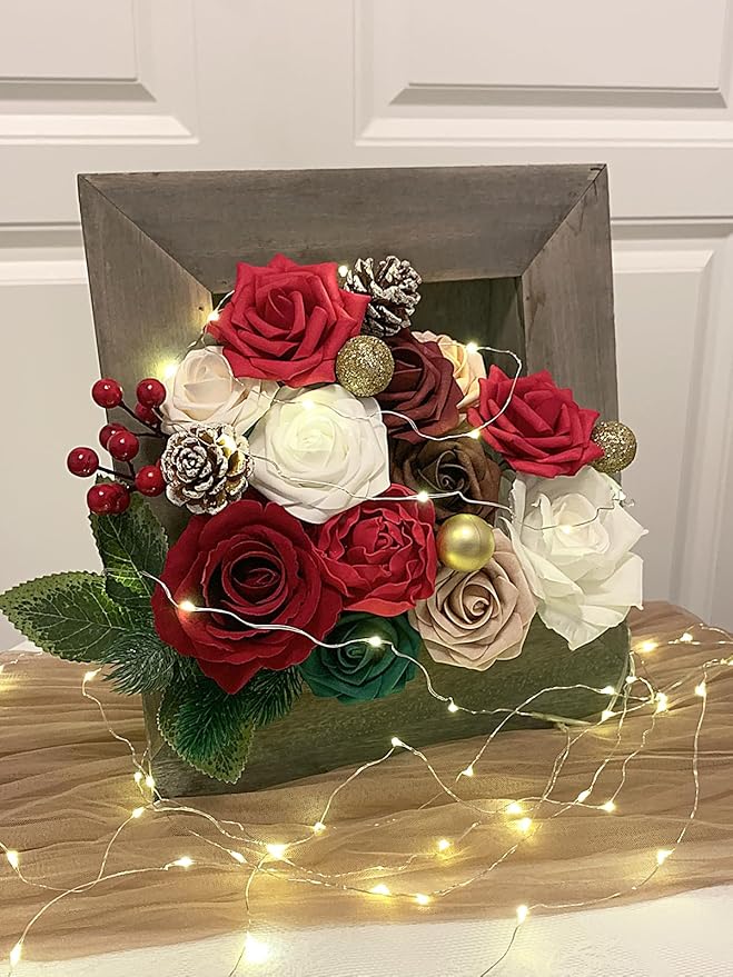 Christmas Artificial Flowers Red Burgundy Roses Bouquet for DIY Xmas Wreath Bridal Wedding Shower Decorations Party Table Centerpieces Fake Floral Arrangement Home Decor Indoor