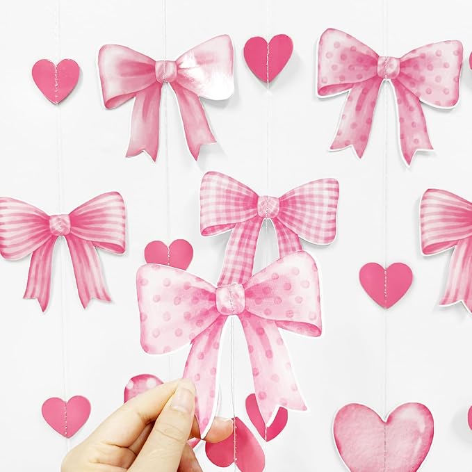 Pink Bow Decorations Pink Heart Plaid Twill Polka Dot Bow Hanging Streamer Garland Banner for Birthday Baby Shower Bridal Shower Wedding Anniversary Bachelorette Coquette Party Decorations Supplies