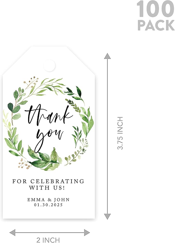 Andaz Press 100-Pack Personalized Thank You Wedding Favor Tags with Bakers Twine Greenery Wreath Custom Cardstock 2' X 3.75'