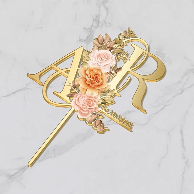 Personalized Fall Wedding Cake Topper in Acrylic Custom Bride and Groom Initial Cake Topper Wedding Date Cake Decoration (Fall Flowers)