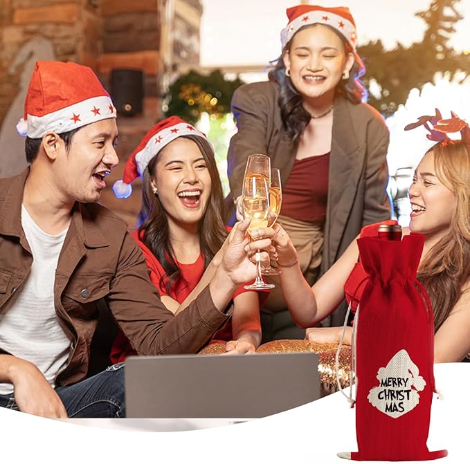 Funny Christmas Wine Bags for Wine Bottles Gifts Christmas Wine Bottle Cover Drawstring Gift Bags Red Burlap Wine Bag for Xmas Birthday Housewarming Holiday Wedding Party Decorations