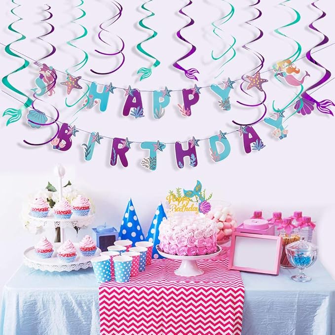 SUNBEAUTY Mermaid Happy Birthday Banner Little Mermaid Theme Birthday Decorations for Girls Ocean Theme Party Supplies for Baby Shower | Pre-Strung