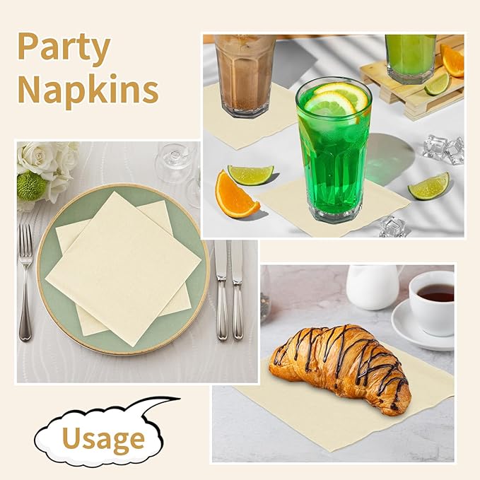 100 Pack Cocktail Napkins Disposable, 2-Ply 5" x 5" Party Napkins, Square Beverage Dinner Napkin for Wedding Birthday Party Anniversary Reception Bar Event (Ivory)
