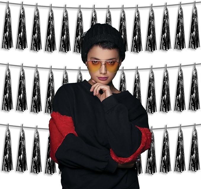 3P Metallic Fringe Tassel Banner Garland Foil Tinsel Streamer Wall Hanging Curtain Backdrop Banners for Parade Floats, 2024 Graduation Decorations, Father’s Day Party Decoration(Black)