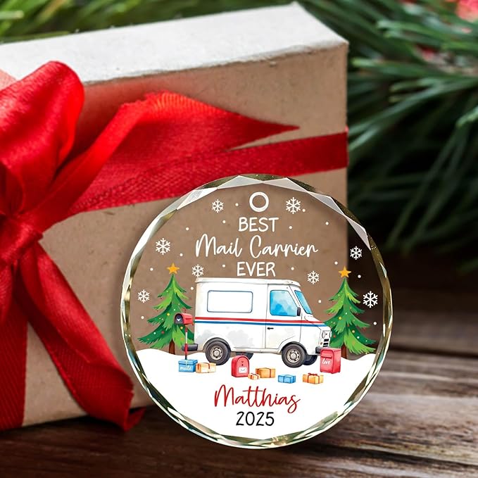 Best Mail Carrier Ever Christmas Ornament, Personalized Postal Worker Appreciation Glass Ornament, Mail Truck Christmas Tree Decorations for Mailman Postman, Custom Name & Year Mailman Ornaments Xmas