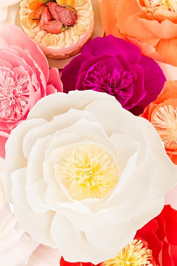 Crepe Paper Flowers Decoration for Wall, Artificial Flowers for Wedding Decor,Flower Backdrop Decor,Baby Shower,Birthday,Archway Decor, Nursery Wall Decor(White and Orange Red,Set/6)