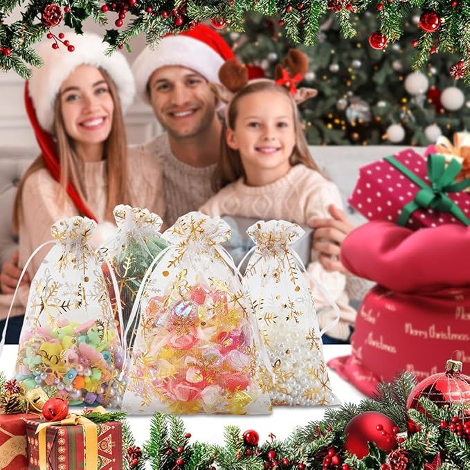 Christmas Organza Gift Bags 4x6 Gold Snowflake Mesh Bag Drawstring 50 Pcs White Mesh Gift Bags Drawstring Xmas Favor Bags Jewelry Pouches Bulk Gift Pouch for Birthday Wedding Christmas Party Supplies