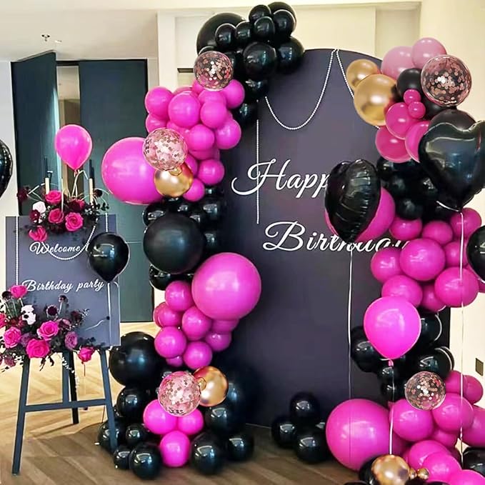 Red Black Gold Balloon Garland Arch Kit, 156 Hot Pink Black Gold Metallic Balloons for Birthday, Wedding, Anniversary, Festival, Bachelorette, Gender Reveal