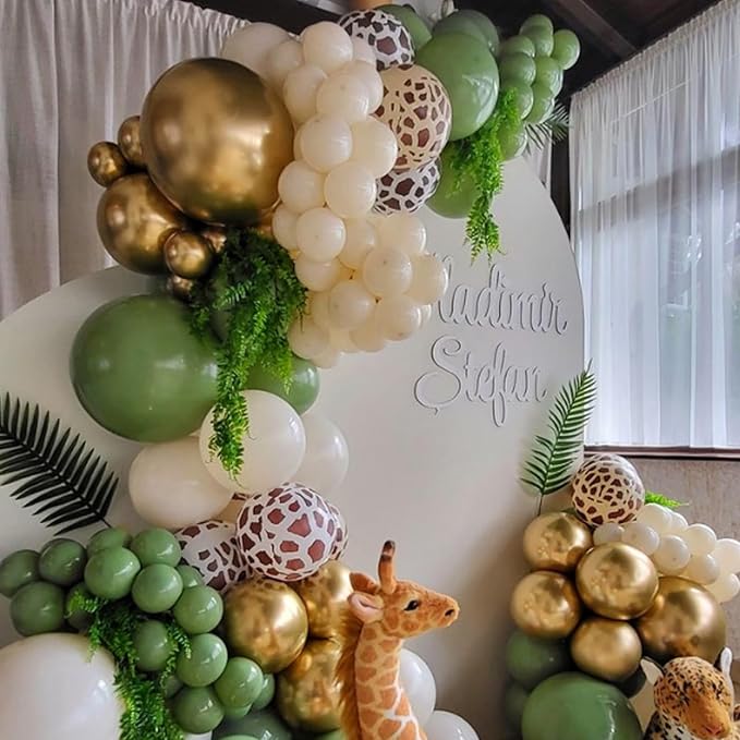 Safari Balloons, 50pcs Green Brown Balloons, Sage Green Ivory White Apricot Balloon, Giraffe Print Jungle Balloon for Jungle Safari Woodland Wild One Theme Birthday Baby Shower Wedding Decorations