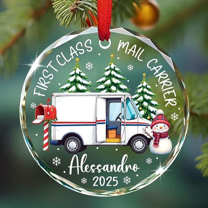 Personalized First Class Mail Carrier Christmas Glass Ornaments, Mail Truck Xmas Ornament 2025, Postman Mailman Postal Worker Christmas Ornament Keepsake Gift, Custom Name & Year for Xmas Tree Decor