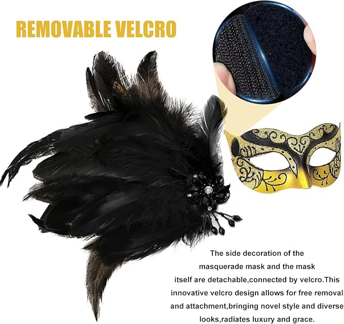 Masquerade Mask for Women Shiny Venetian Mask for Halloween Mardi Gras Costume Party Ball with Feather flower dec.