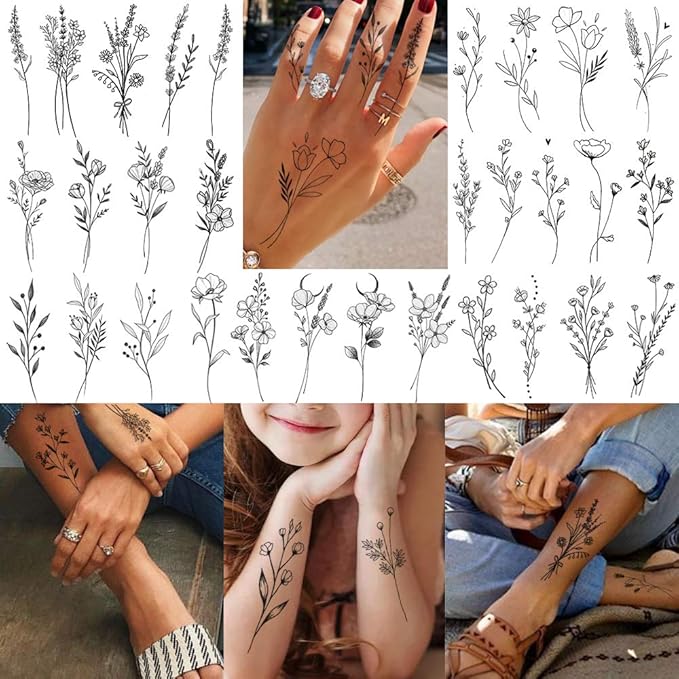 15 Sheets FANRUI Sexy Tiny Branch Black Flower Temporary Tattoos For Women Girl Neck Realistic Floral Bouquet Small Tattoo Temporary Lavender Fake Tattoo Sticker For Adults Face Hands Kit