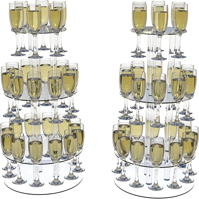 Champagne Tower, Circle Acrylic Champagne Display Rack Stand with 28 Slots, 3 Tier Floating Sight Champagne Flute Holder for Party, Wedding, 13.4x13.4x25.5 inch, 2Pcs