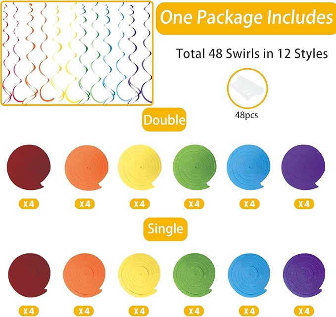 48 Pcs Colorful Hanging Swirl Party Decorations Rainbow Felt Ceiling Spiral Streamers with Hooks for Birthday Wedding Bridal Shower Baby Shower Carnival Fiesta Festival Party Supplies