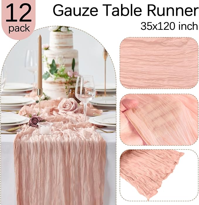 RestfulGlow12 Pack Blush Pink Cheesecloth Table Runner 10FT Boho Gauze Fabric Table Runner 35 x 120 Inch Rustic Sheer Runner for Centerpiece Wedding Birthday Baby Shower Party Boho Table Decoration