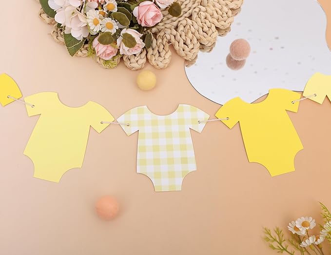 Yellow Bodysuit Banner - Baby Shower Decoration Gingham Banner,Baby Bodysuit Gender Reveal Party (Yellow)
