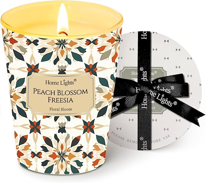 HomeLights Scented Candles for Women & Men, 6.7oz Candle Jars Aromatherapy Single Wick Candle, Ideal for Bohemian Natural Textures Home Decor and Gifts, Peach Blossom Freesia