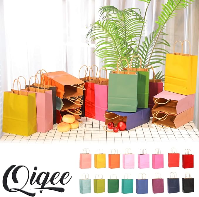 qiqee Large Kraft Paper Bags with Handles Bulk 13"x10"x5" 32-Packs Gift Bags 16 Different Senior Color Bags Multiple Uses（Large Size）