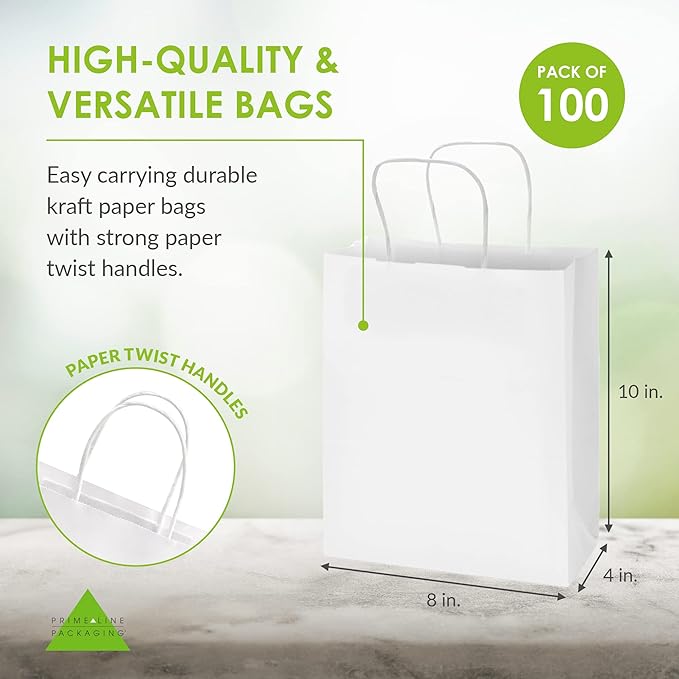 Prime Line Packaging White Paper Gift Bags, Kraft Gift Bags with Handles for Small Business, Boutique, Retail, Shopping, Birthdays, Favors, Bulk, 8x4x10, 100 Pack
