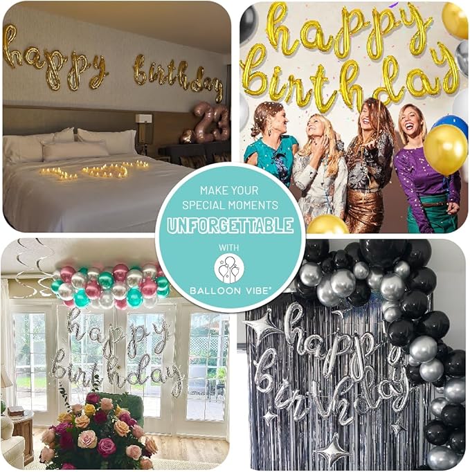 BALLOON VIBE Happy Birthday Balloon Banner - Script/Cursive Gold Mylar Foil Letters Banner for Birthday Decor - Balloons Letters Sign with 4 Straws & Ribbon Roll