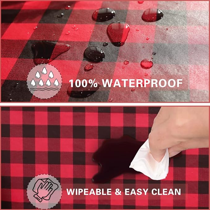 Buffalo Plaid Vinyl Christmas Tablecloth Rectangle 52 x 70 Inch with Flannel Backing, Waterproof & Anti-Slip Table Cloth, Plastic Table Cover for Dining, Winter Party & Holiday, Red and Black