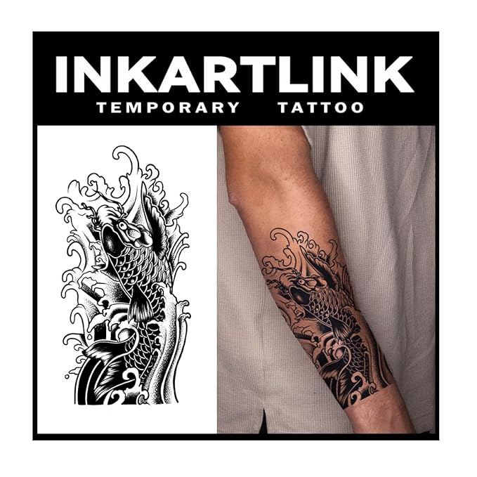 INKARTLINK Tattoo Tech,2 Sheets Extra-Large Semi Permanent Tattoo,Adult Art Design Temporary Tattoos, Lasts 1-2 Weeks, Waterproof, Realistic Look, No Adhesive, No Reflection (Koi Fish Design)
