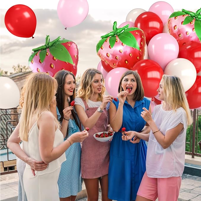 Strawberry Balloons,12 Inch Red and Pink Balloons with Strawberry Foil Balloon for Sweet One Birthday Baby Shower Strawberry Fruit Themed Party Decorations
