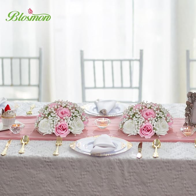 BLOSMON Fake Flowers Ball Centerpieces: 2 Pcs Pink Rose Babys Breath Artificial Flowers Wedding Decoration for Table Silk Kissing Floral Bouquet Arrangements for Home Party DIY Decor