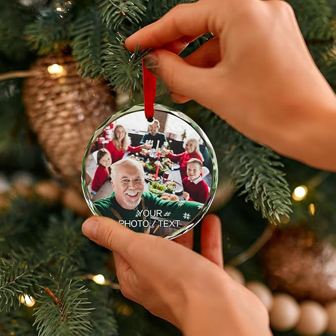 Personalized Round Christmas Crystal Glass Ornaments Custom 2025 Photo Ornament for Christmas Tree Decor Customized Xmas Tree Hanging Gifts for Family