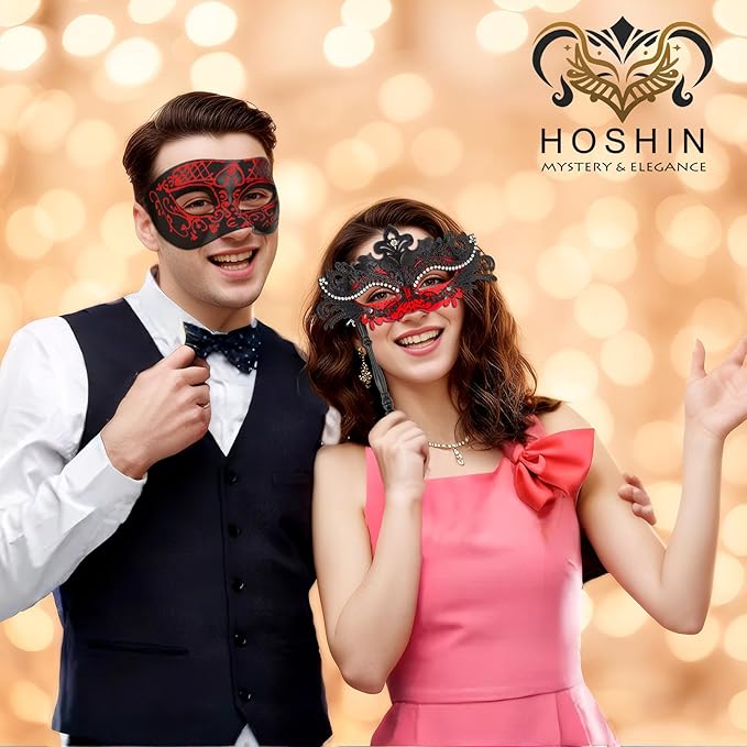 Hoshin Masquerade Mask for Couple, Mardi Gras Deecorations Venetian Masks with Stick for Womens