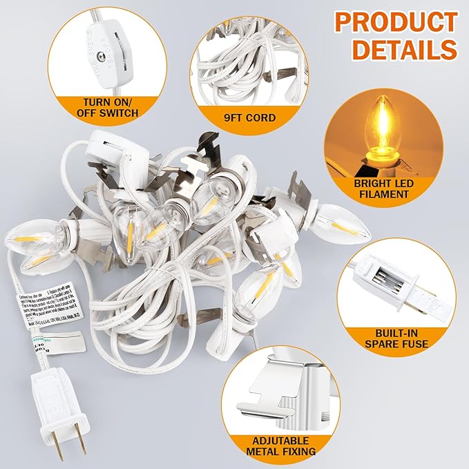 LaWana Christmas Village Lights with 10 LED Warm-White Bulb, C7 Light Cord, Decoration for Christmas Village Houses and Halloween Holiday