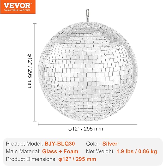 VEVOR Mirror Disco Ball, 12 Inch Mirror Ball with Hanging Ring, Lightning Disco Ball Party Decorations, Ideal for DJ Club, Stage, Wedding, Birthday, Christmas, New Years Celebration