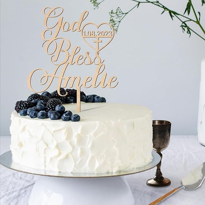 Personalized God Bless Cake Topper in Wood - Custom Baptism Cake Topper for Girl or Boy (Style-3)