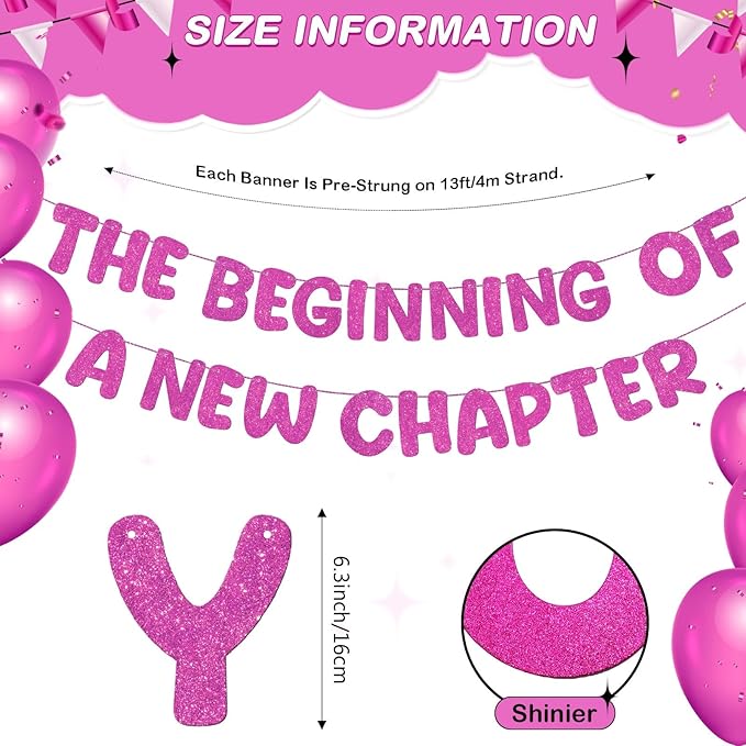 Fulmoon Pre Strung the Beginning of a New Chapter Banner, Glitter Graduation Party Decorations, Happy Retirement Supplies, Going Away Farewell New Home Job Change Party Sign Garland(Rose Red)