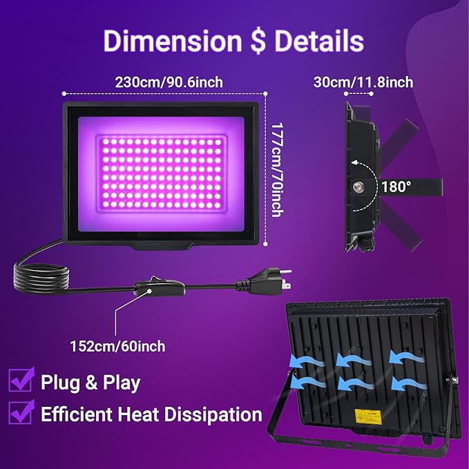 2 Pack 80W LED Black Lights, IP66 Waterproof Blacklight Flood Lights with Plug & Switch, UV Lighting for Halloween Party, Glow in The Dark, Body Paint, Stage & Neon Glow Decor