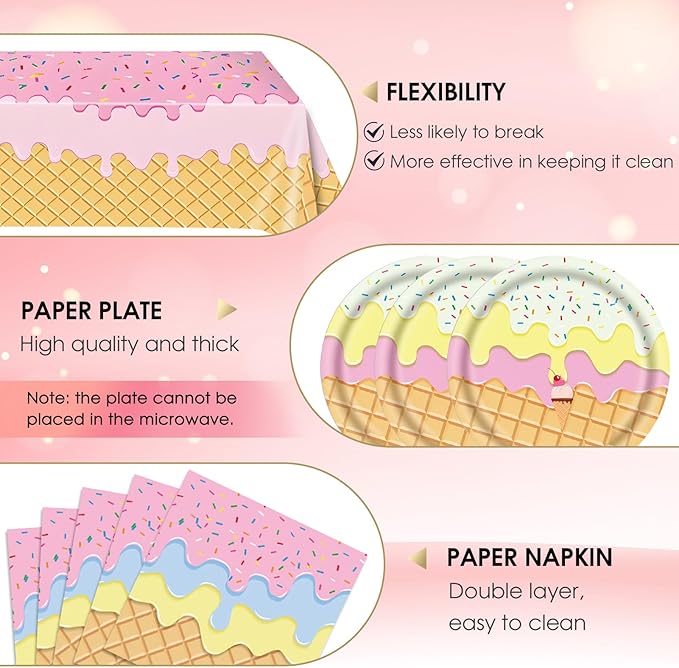41Pcs Ice Cream Party Decorations,Ice Cream Disposable Tableware Kit with Paper Plates Napkins Tablecloth丨Gender Reveal Party,Toddler Party,Baby Bridal Shower Boys Girls Birthday Decorations,Serves 20