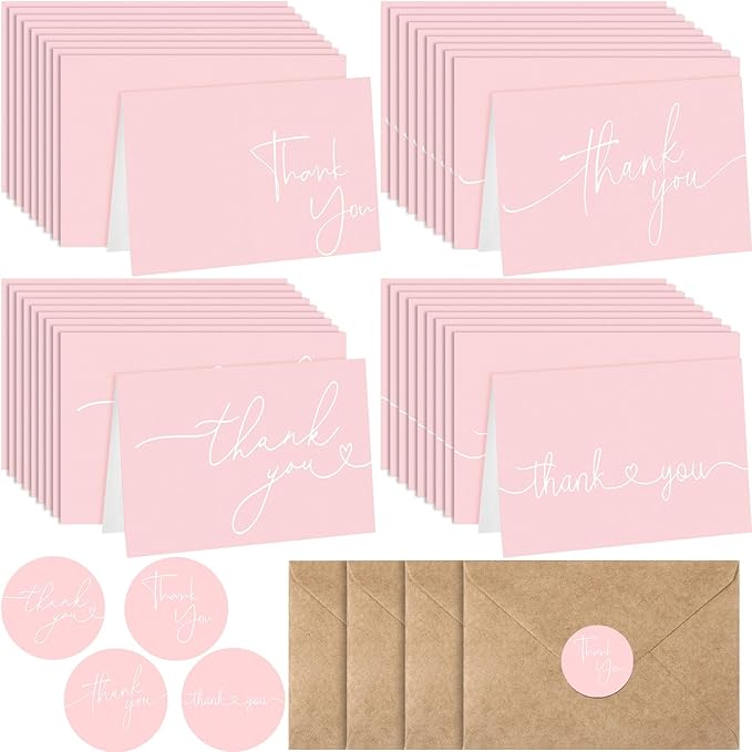 Teling 200 Set Thank You Cards with Envelopes Bulk, 6 x 4 Inch Blank Thank U Greeting Notes with Brown Kraft Envelopes Stickers Thankyou Card Set for Graduation Wedding Birthday Baby Shower(Pink)