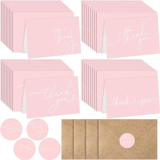 Teling 200 Set Thank You Cards with Envelopes Bulk, 6 x 4 Inch Blank Thank U Greeting Notes with Brown Kraft Envelopes Stickers Thankyou Card Set for Graduation Wedding Birthday Baby Shower(Pink)