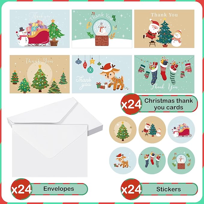 24Set Christmas Thank You Card with Envelopes and Stickers Xmas Greeting Cards Gift Box Santa Christmas Tree Thank You Christmas Cards with Envelope Holiday Thank You Card for Xmas Holiday (Snowman)