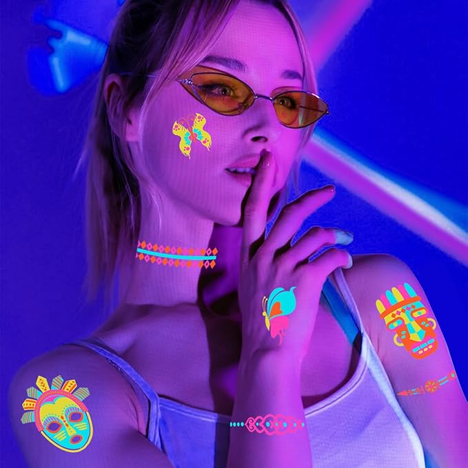 201pcs Glow in the Dark Temporary Tattoos for Adults and Kids, Glitter Tattoo Kit, Neon Body Face UV Blacklight Fake Tattoos Stickers, Glow in the Dark Party Supplies, Rave Accessories (32 Sheets)