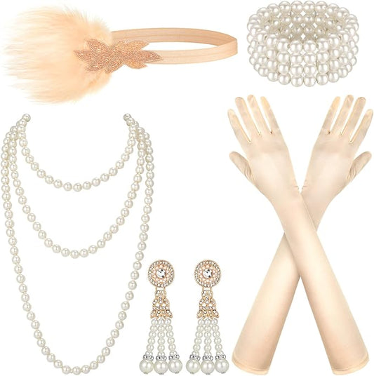 Maitys 1920s Accessories Set for Women Flapper Costume Feather Headband Necklace Bracelet Earrings