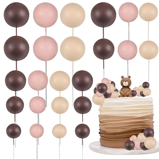 Gyufise 30Pcs Mini Balloon Cake Topper Brown Foam Ball Cake Topper Decorations Faux Pearl Balls DIY Cake Insert Topper Baking Decoration for Wedding Baby Shower Girls Boys Birthday Party Supplies