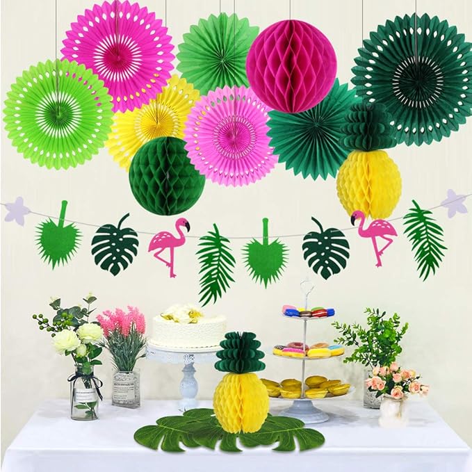 Hawaiian Party Decorations, Tropical Birthday Party Supplies Flamingo and Palm Leaves Banner Tissue Paper Fan Pineapple Honeycomb Ball for Summer Luau Bachelorette Party